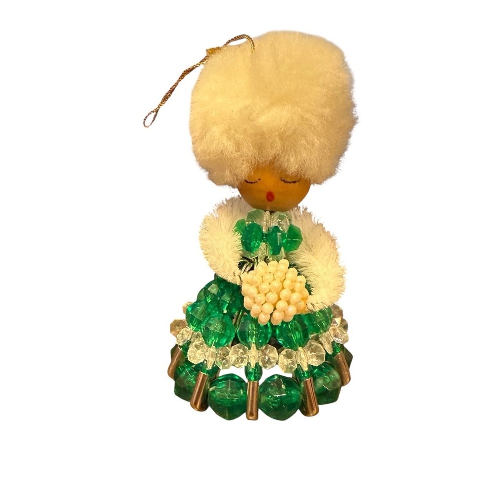 Vtg Bead And Safety Pin Doll Kitschy Green Dress & Muff Handmade Ornament